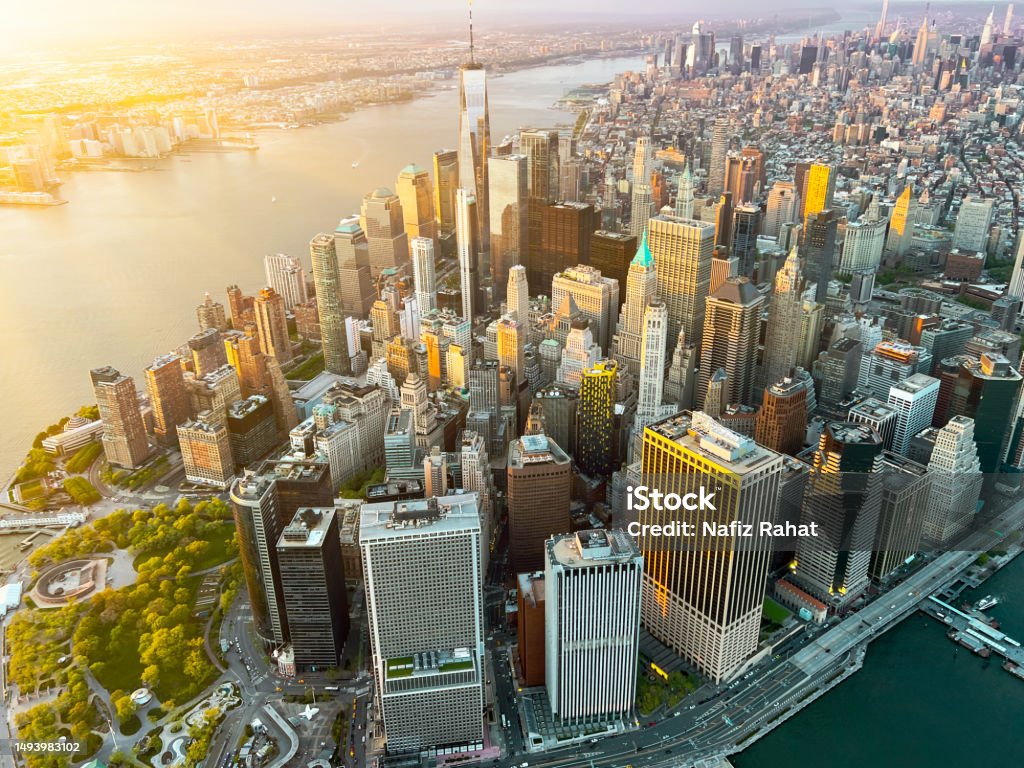 Manhattan Skyline aerial view evening sunset time, New York, USA. Beautiful view of Nw York skyline